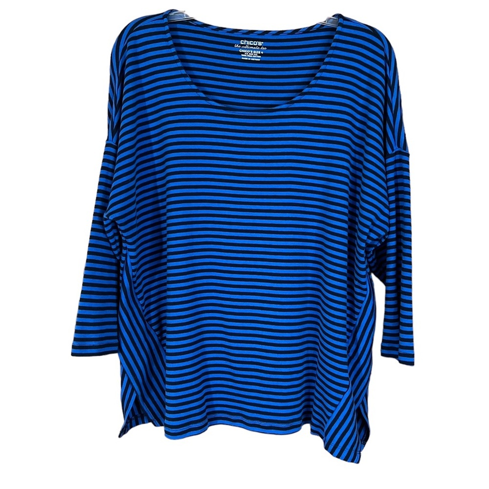 Chico's Blue and Black Striped 3/4 Sleeve Tee